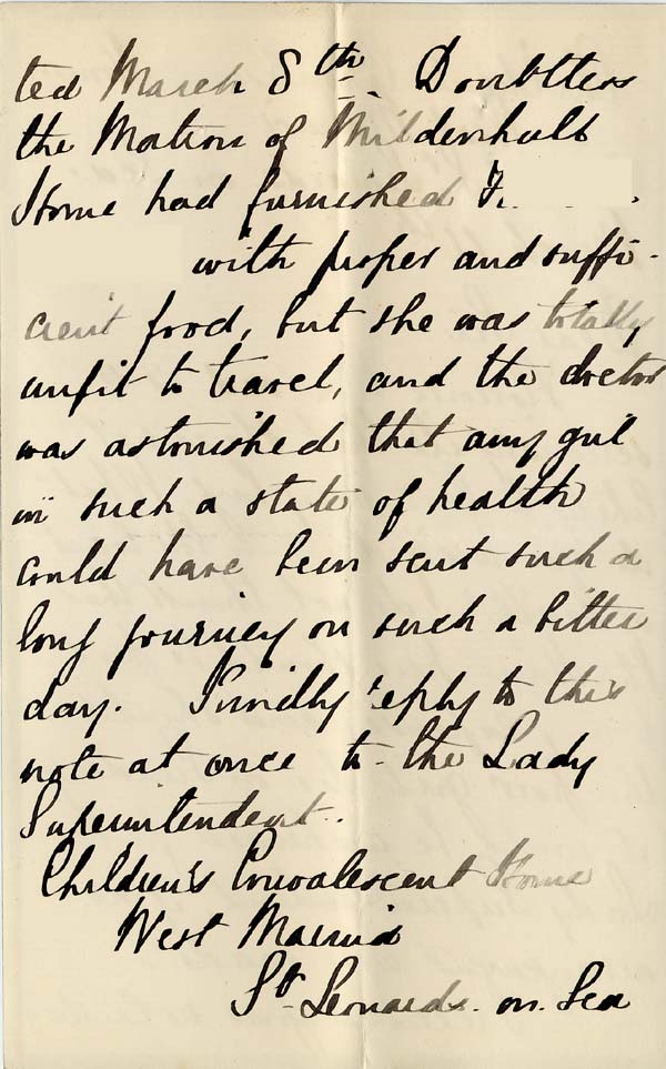 Large size image of Case 542 10. Letter from the Convalescent Home about the severity of F's illness  11 March 1892
 page 2