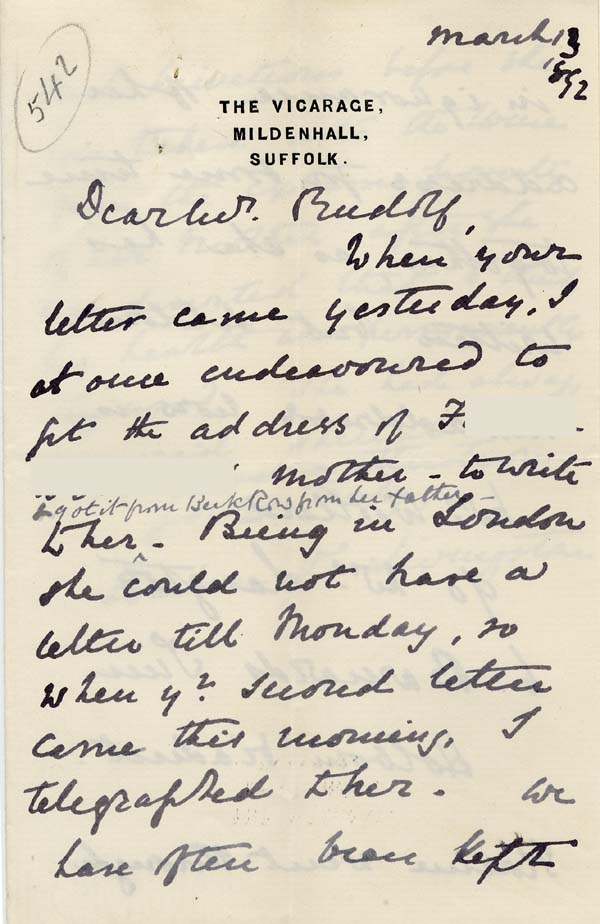 Large size image of Case 542 12. Letter from Mildenhall giving the address of F's mother  13 March 1892
 page 1