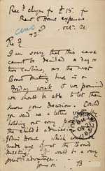 Image of Case 542 4. Card from Revd B. asking about F's possible admission to a Home  21 October 1885
 page 2