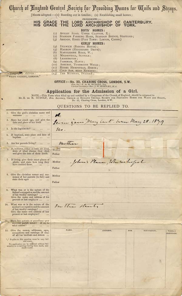 Large size image of Case 749 1. Application to Waifs and Strays' Society  3 July 1886
 page 1