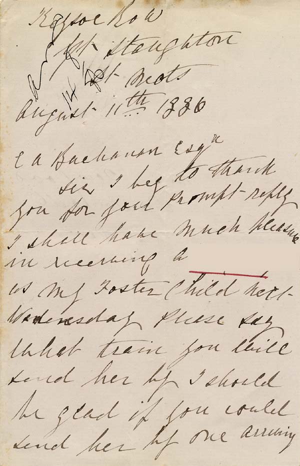 Large size image of Case 749 2. Letter from Miss T. proposed foster mother for A.  11 August 1886
 page 1