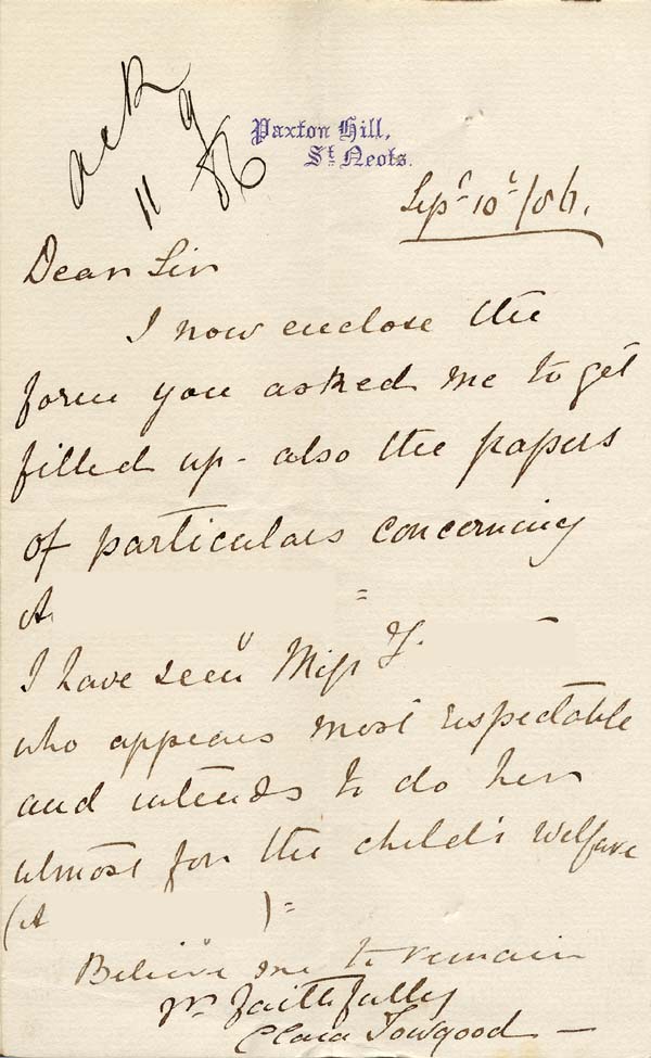 Large size image of Case 749 4. Letter from Clara Towgood  10 September 1886
 page 1