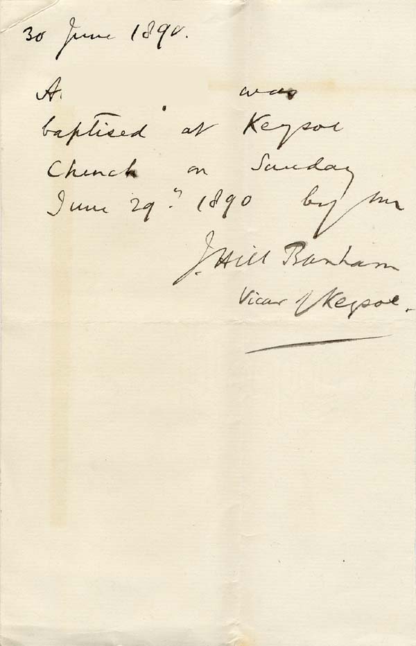 Large size image of Case 749 9. Note that A. was baptised at Keysoe Church on 29 June 1890  30 June 1890
 page 1