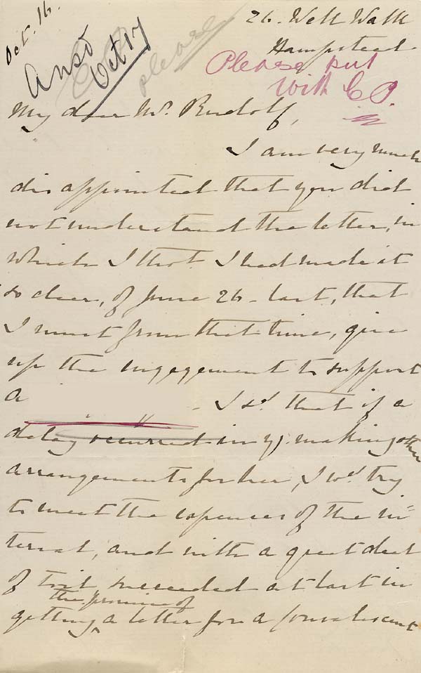 Large size image of Case 749 13. Letter from Miss Emily Durrant saying that she is unable to continue maintenance payments for A.  16 October 1893
 page 1