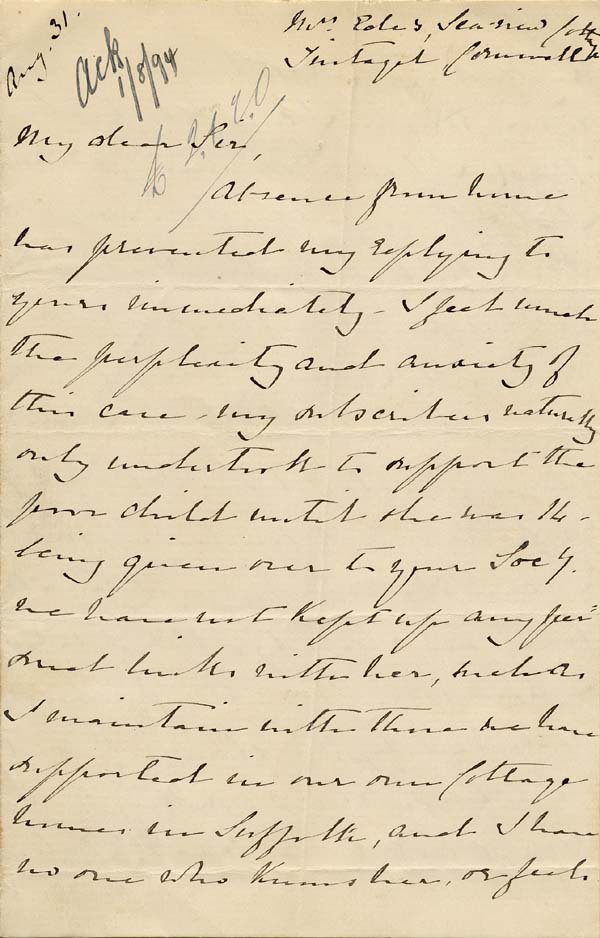 Large size image of Case 749 14. Letter from Miss Durrant   31 August 1894
 page 1