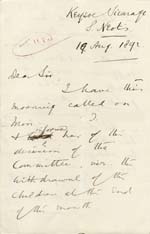 Image of Case 749 10. Letter from the Vicar of Keysoe concerning A's diet and the withdrawal of the foster children from Miss T's care  10 August 1892
 page 1