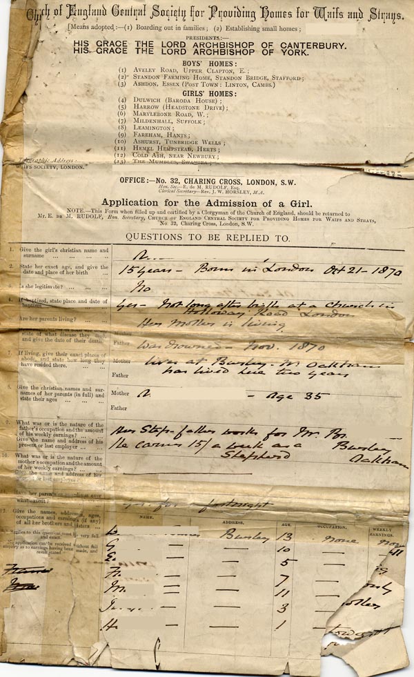 Large size image of Case 795 1. Application to Waifs and Strays' Society  16 August 1886
 page 1