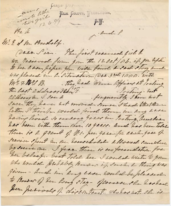 Large size image of Case 795 5. Letter from Rose Fitzgerald describing A's good and faithful service with the same family for ten years  April 1899
 page 1