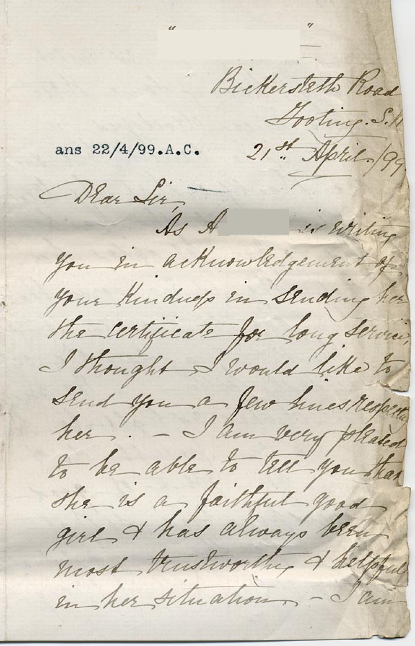 Large size image of Case 795 8. Letter from A's employer praising A. and saying that she is pleased with the long service certificate.  A's health is described as delicate  21 April 1899
 page 1