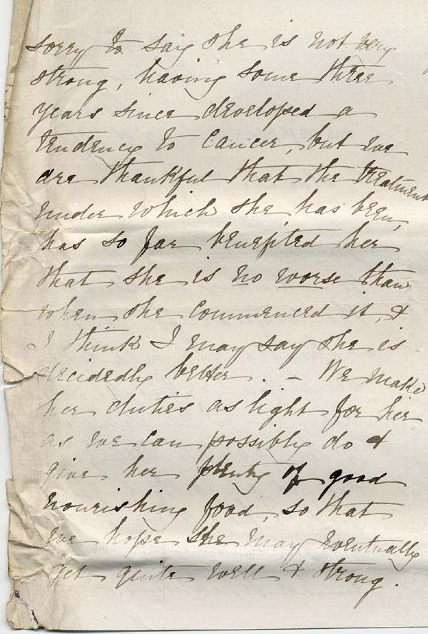 Large size image of Case 795 8. Letter from A's employer praising A. and saying that she is pleased with the long service certificate.  A's health is described as delicate  21 April 1899
 page 2