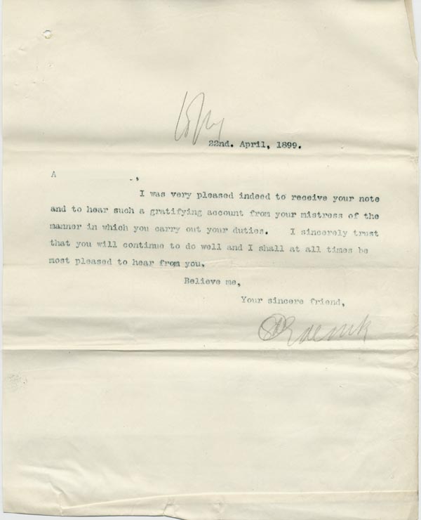 Large size image of Case 795 9. Letter from Revd Edward Rudolf to A.  22 April 1899
 page 1
