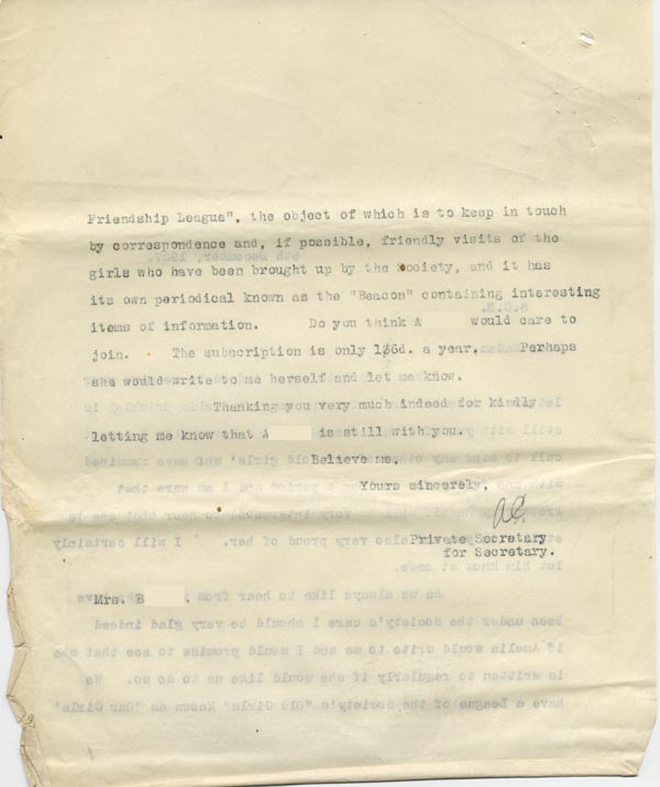 Large size image of Case 795 13. Letter from the Waifs and Strays' Society about A's long service  8 December 1927
 page 2