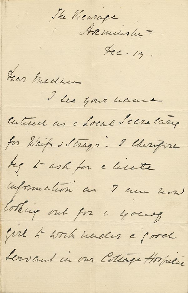 Large size image of Case 866 5. Letter from Mrs Newman enquiring about the possibility of obtaining the services of a girl to work at the Cottage Hospital, Axminster  19 December 1887
 page 1