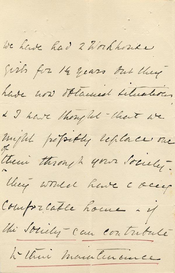 Large size image of Case 866 5. Letter from Mrs Newman enquiring about the possibility of obtaining the services of a girl to work at the Cottage Hospital, Axminster  19 December 1887
 page 2