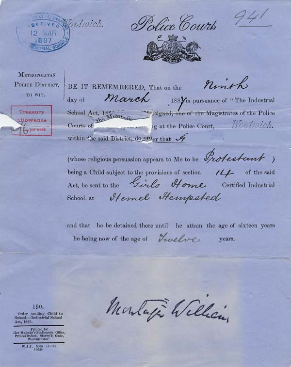 Large size image of Case 941 5. Order sending A. to an Industrial School  9 March 1887
 page 1