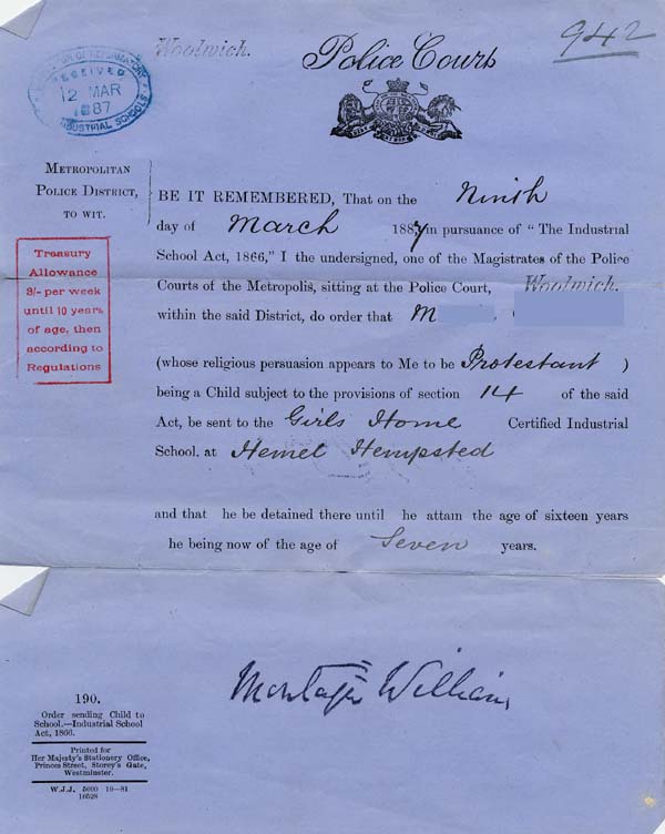 Large size image of Case 941 6. Order sending M. to an Industrial School  9 March 1887
 page 1