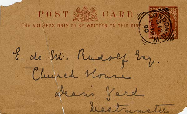 Large size image of Case 941 10. Card acknowledging A's arrival at 20 Blandford Square  16 September 1890
 page 1