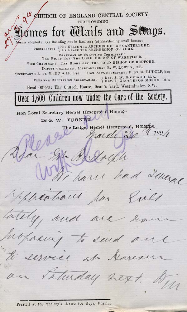 Large size image of Case 941 11. Letter from the Hemel Hempstead Home requesting a license for a girl who is to go into service in Harrow  26 March 1894
 page 1