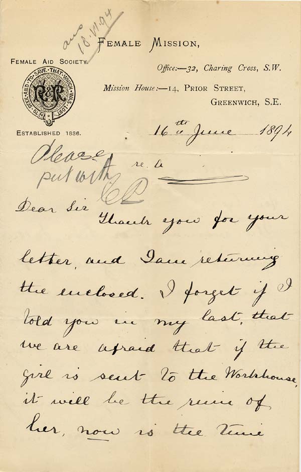Large size image of Case 941 14. Letter from the Female Mission requesting help for A.  16 June 1894
 page 1
