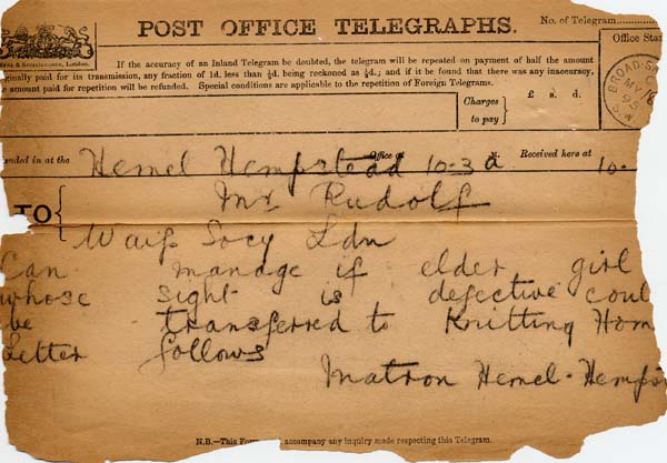 Large size image of Case 941 16. Telegram from Hemel Hempstead Home about creating a vacancy  [May 1895]
 page 1