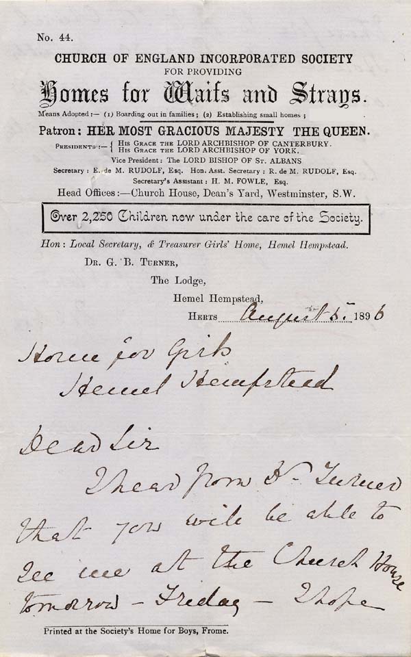 Large size image of Case 941 29. Letter from Hemel Hempstead arranging a meeting with Revd Edward Rudolf at Church House  5 August 1896
 page 1