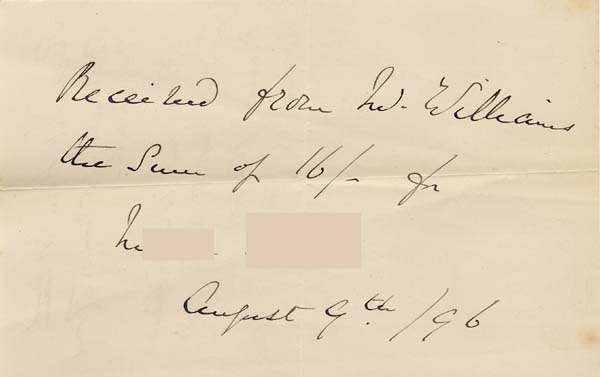 Large size image of Case 941 30. Receipt for 16/-  9 August 1896
 page 1