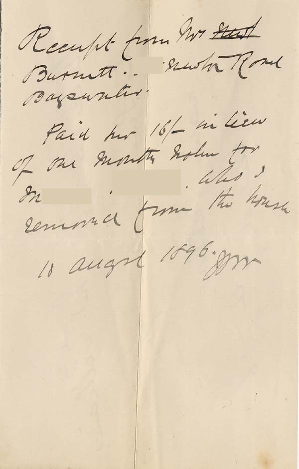 Large size image of Case 941 31. Receipt for 16/- paid in lieu of one month' s notice for M.  18 August 1896
 page 1
