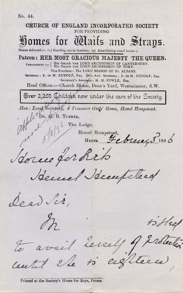Large size image of Case 942 25. Letter from Hemel Hempstead about M. signing papers to (quote)avail herself of protection until she is eighteen(unquote)  3 February 1896
 page 1