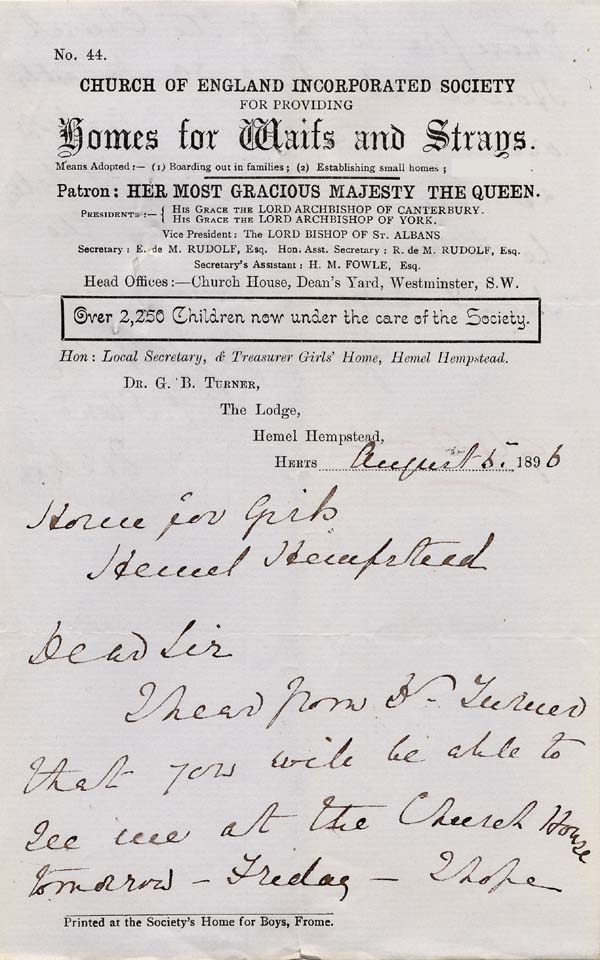 Large size image of Case 942 29. Letter from Hemel Hempstead arranging a meeting with Revd Edward Rudolf at Church House  5 August 1896
 page 1