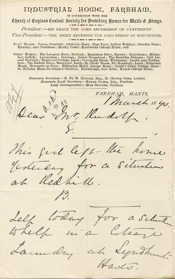 Large size image of Case 1047 9. Letter from Miss Gittens, Industrial Home, Fareham  1 March 1890
 page 1
