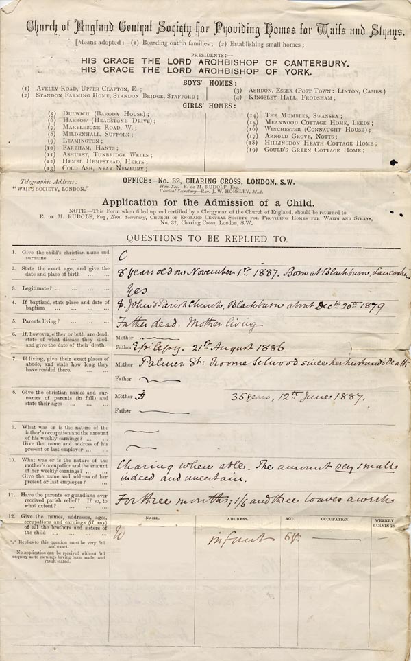 Large size image of Case 1109 1. Application to the Waifs and Strays' Society 29 July 1887
 page 1