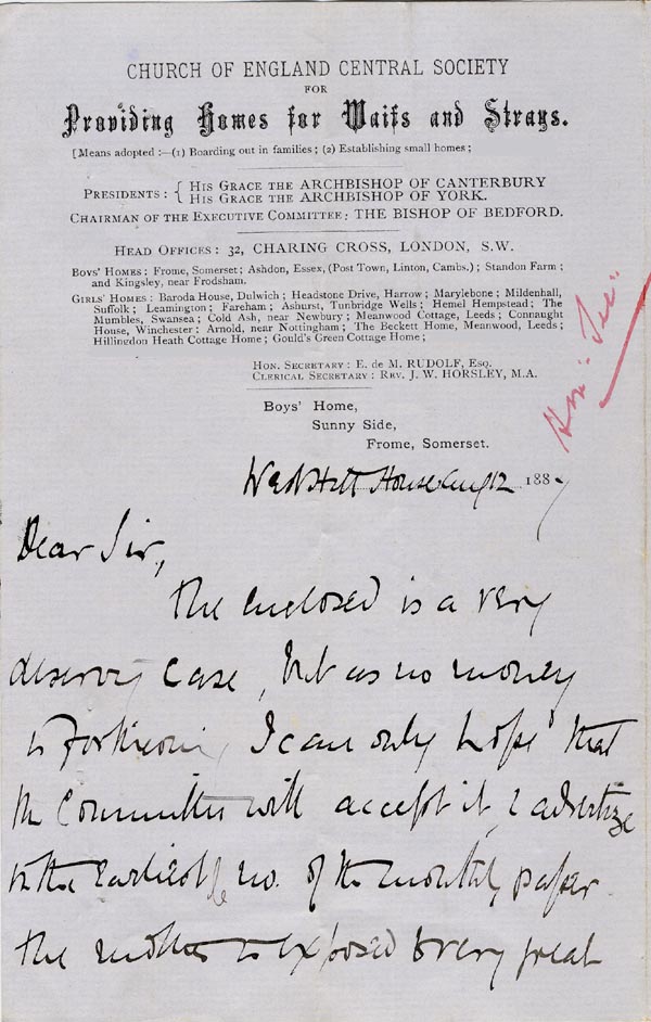 Large size image of Case 1109 3. Letter from Mrs B., Frome home 12 August 1889
 page 1