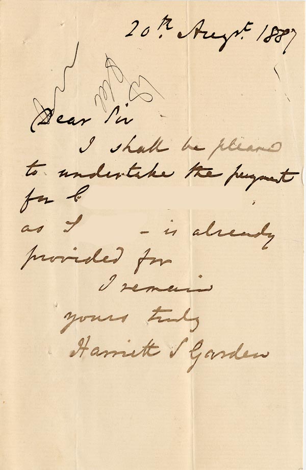Large size image of Case 1109 4. Letter from Harriette Garden 20 August 1889
 page 1