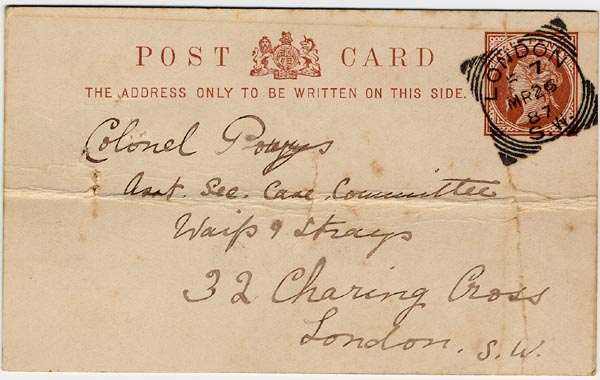 Large size image of Case 1138 2. Postcard from Mrs C. Jonas, Barnes Ladies Association 25 March 1887
 page 1