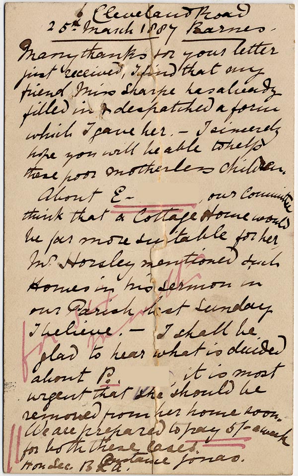 Large size image of Case 1138 2. Postcard from Mrs C. Jonas, Barnes Ladies Association 25 March 1887
 page 2