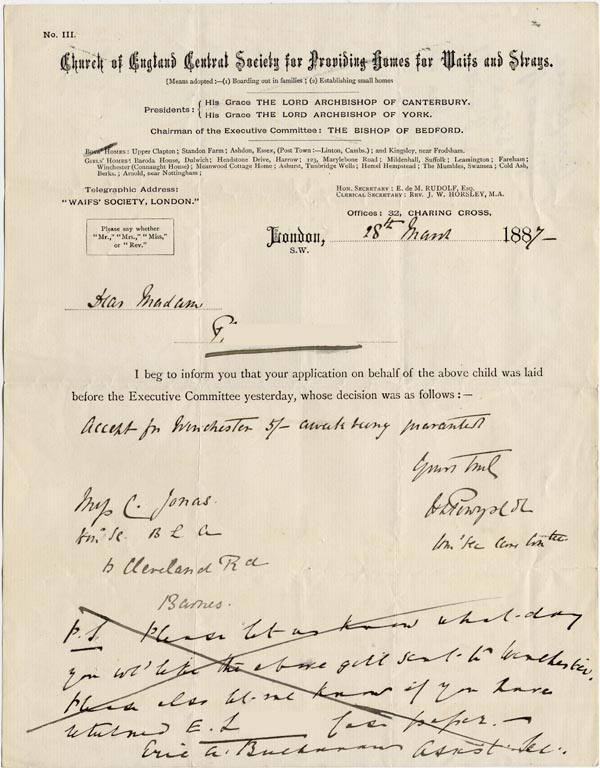 Large size image of Case 1138 4. Letter to Mrs C. Jonas, Barnes Ladies Association 28 March 1887
 page 1