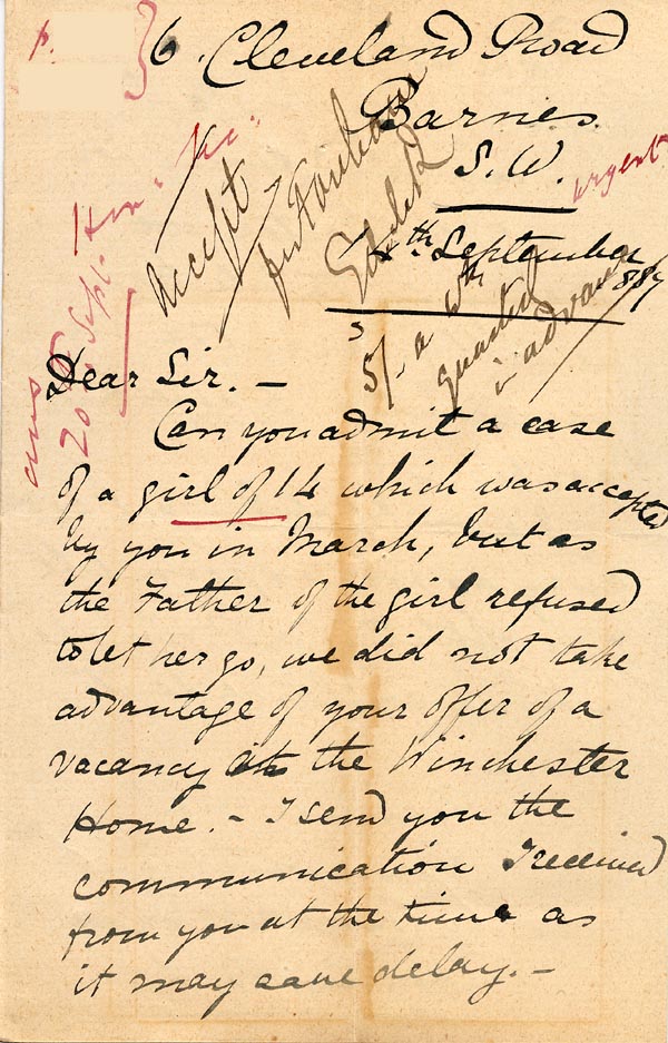 Large size image of Case 1138 5. Letter from Mrs C. Jonas, Barnes Ladies Association 14 September 1887
 page 1