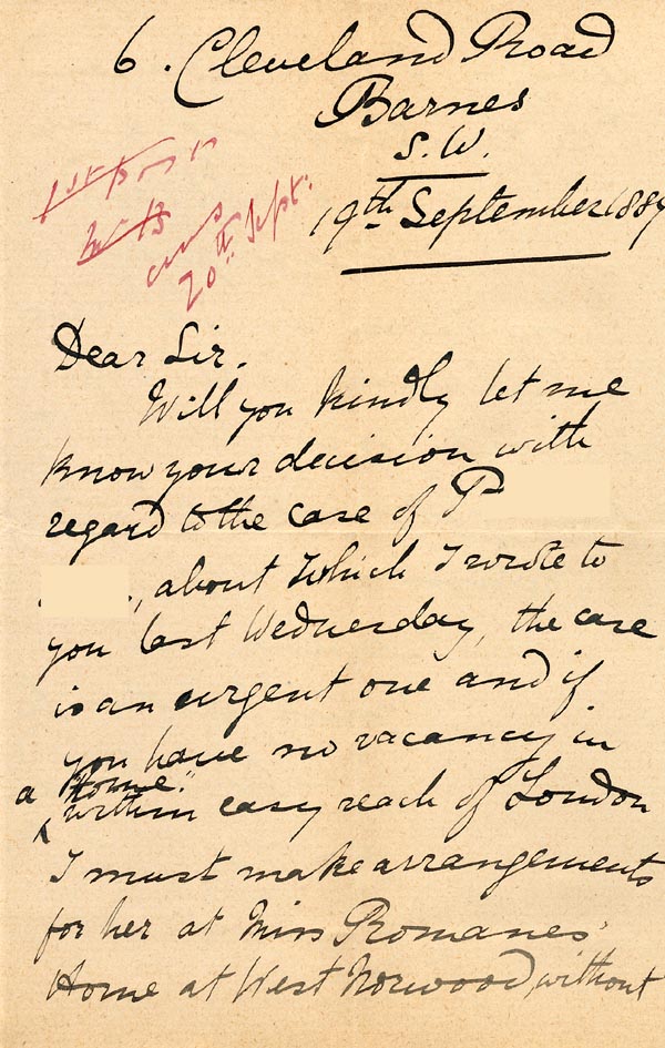 Large size image of Case 1138 6. Letter from Mrs C. Jonas, Barnes Ladies Association 19 September 1887
 page 1