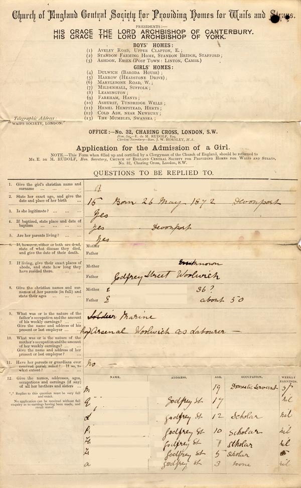 Large size image of Case 1180 1. Application to Waifs and Strays' Society 2 December 1887
 page 1
