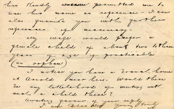 Large size image of Case 1214 4. Letter seeking a child to adopt 19 December 1887
 page 2