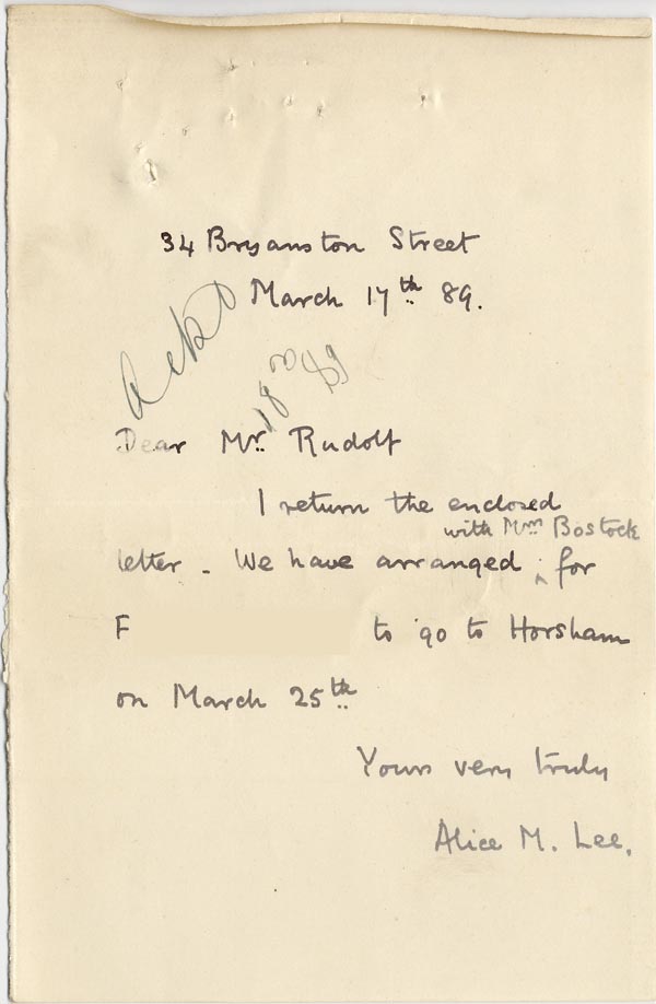Large size image of Case 1265 5. Letter from Miss Lee 17 March 1889
 page 1