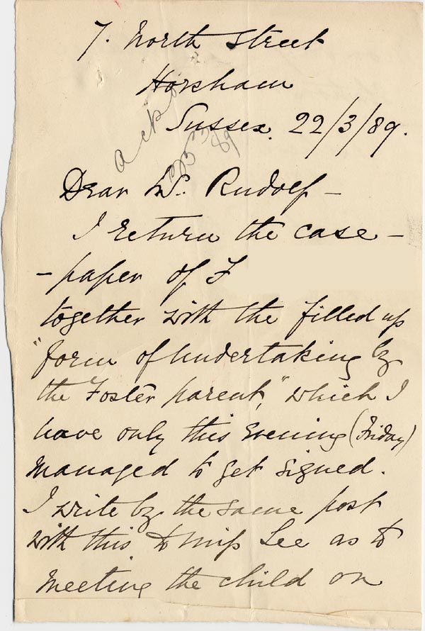 Large size image of Case 1265 8. Letter from Mrs Bostock 22 March 1889
 page 1