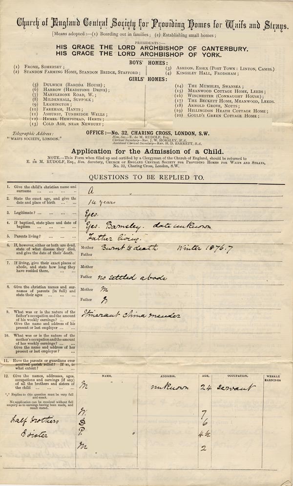 Large size image of Case 1269 1. Application to Waifs and Strays' Society 17 March 1888
 page 1