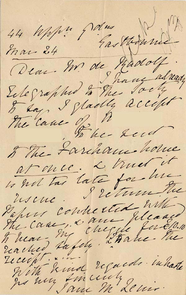 Large size image of Case 1269 3. Letter from Iain M Levir 24 March c.1890
 page 1