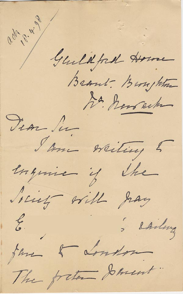 Large size image of Case 1294 21. Letter from Miss Lamb, Guildford Home to Revd Edward Rudolf  17 April 1898
 page 1