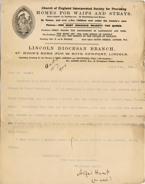 Large size image of Case 1294 26. Letter from Mr Hunt to Revd Edward Rudolf  9 March 1900
 page 1