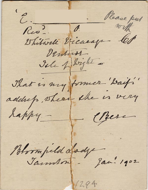 Large size image of Case 1294 30. Postcard from Mrs Bere to Revd Edward Rudolf  12 January 1902
 page 2
