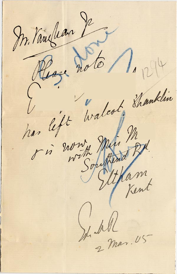 Large size image of Case 1294 31. Note concerning change of home  2 March 1905
 page 1