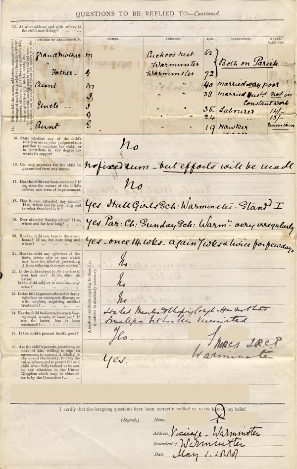Large size image of Case 1372 1. Application to the Waifs and Strays' Society 1 May 1888
 page 2