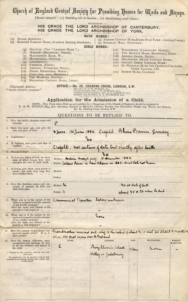 Large size image of Case 1399 1. Application to the Waifs and Strays' Society 18 May 1888
 page 1